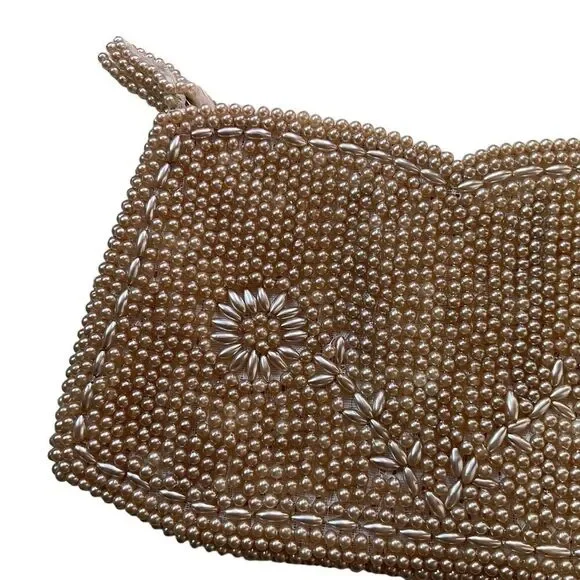 VINTAGE Beaded Finger Clutch Zippered Top Flower Design Champagne Color - Picture 4 of 9